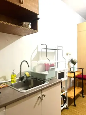 a kitchen sink with a dish drying rack above it at Taguig Condo Unit - Grace Residences by Jenn in Manila