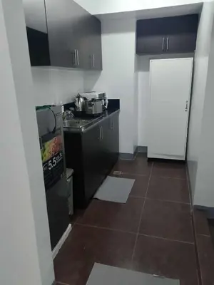 a small kitchen with black cabinets and a white door at 1 bedroom condo unit for 4 with balcony, pool, WIFI at Newport across NAIA T3 in Manila