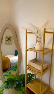 a room with a mirror and a shelf with a plant at Celebrity Stays in Manila