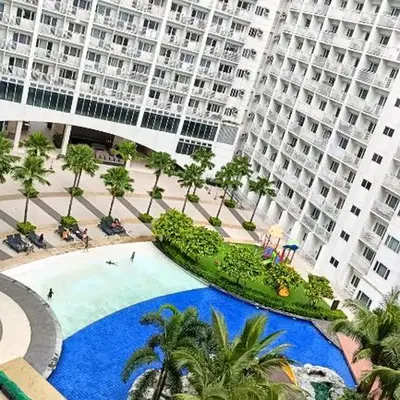 Pool view from one-bedroom condo at Shore Residence