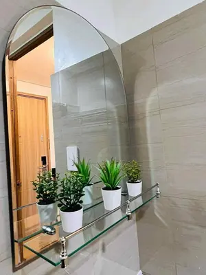 a bathroom mirror with five potted plants on a shelf at Erin's Place in Manila