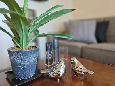a plant in a vase sitting on a table at Very Cosy One Uptown near Grand Hyatt Hotel BGC Uptown Mall and St Lukes Medical Center in Manila