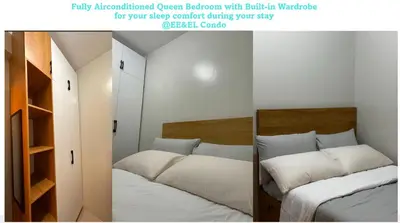 a bedroom with two beds and a mirror at EuEL Condo in Manila
