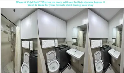 a bathroom with two toilets and two sinks and mirrors at Eu & El Cozy Condo in Manila