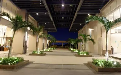 a hallway with palm trees in a building at Casita avec Amour at Lumiere Residences in Manila