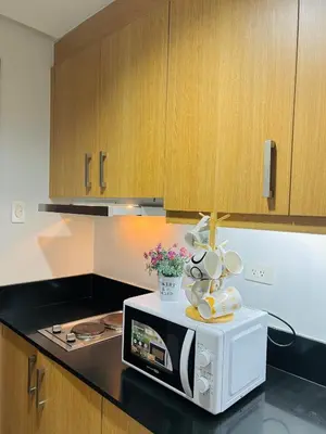 a microwave on a counter in a kitchen at Milk and honey condotel in Manila