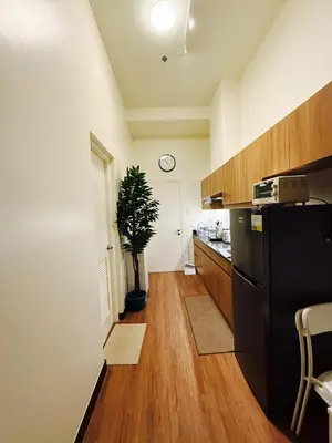 a kitchen with a black refrigerator and a potted plant at The Camden Place Family Group Apartment Condo Unit in Manila