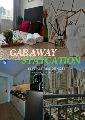 a collage of photos of a room in a apartment at SM Jazz Residences, Makati City in Manila