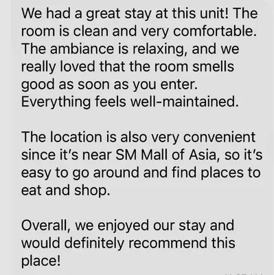 a screenshot of a text message about a room at The Luxe Stay at Sea Residences in Manila