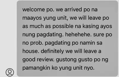 a screenshot of a text message with a response to a text conversation at The Luxe Stay at Sea Residences in Manila