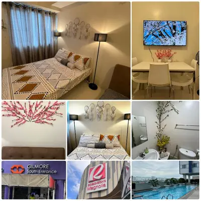 a collage of photos of a hotel room at Osaka Theme LRT Gilmore Robinsons Magnolia Free Netflix Internet Pool in Manila