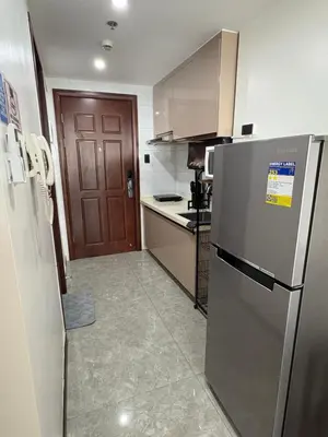 a kitchen with a refrigerator and a brown door at Sy bay Suites Okada NAIA T3 T1 Airport MOA COD DFA MSV1506H in Manila