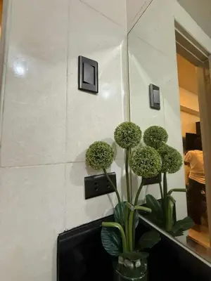 a bathroom with a mirror and some plants in a vase at Cozy Cabin by JLS Near Venice Grand Canal Mall in Manila