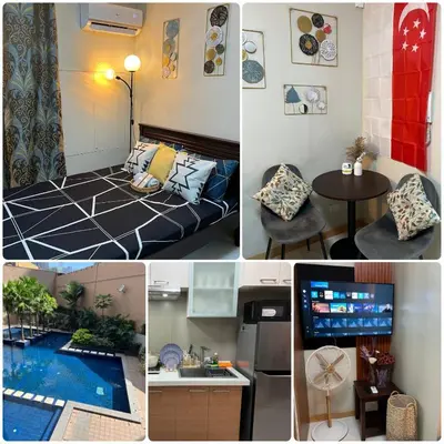 a collage of pictures of a room with a pool at Singapore Theme Sunshine 100 Tower 3 Pioneer Free Pool Gym Internet Netflix in Manila