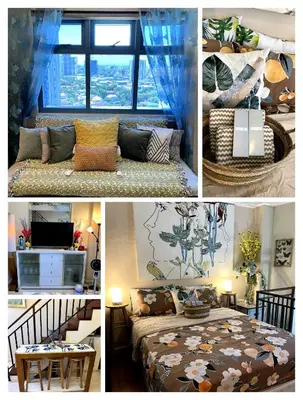 a collage of pictures of a bedroom with a bed at Osaka Japan Theme Greenbelt Glorieta Makati Big Unit Loft 50sqm Free Pool Gym Netflix in Manila