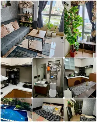 a collage of different pictures of a living room at Thailand Theme 1BR Free Pool Gym Internet Netflix Sunshine 100 T3 Pioneer Mandaluyong in Manila