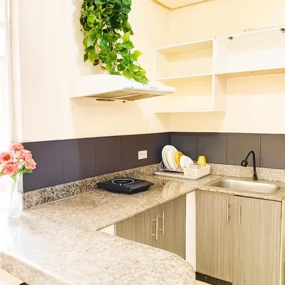 a kitchen with white cabinets and a potted plant at Birch Tower Ocean View Unit in Manila