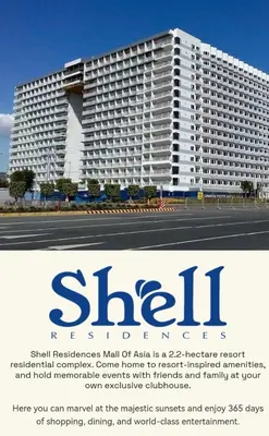 a advertisement for a hotel with a large building at Family Suites 4 Shell Condo MOA 653B in Manila