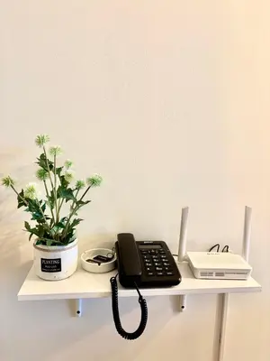 a desk with a phone and a potted plant on it at Casa de Leon - Azure Urban Resort in Manila