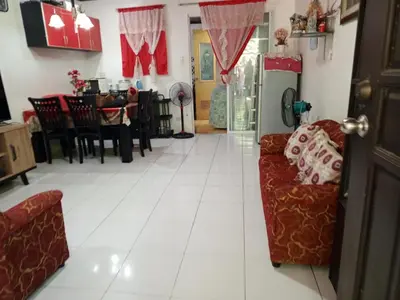 a living room with red furniture and a white tile floor at 1 Bedroom Townhouse with Airconditon ,Water heater and free wifi,fully furnished in San Roque