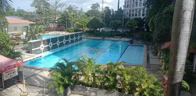 an overhead view of a large swimming pool with palm trees at Charming 2BR Condo in Cambridge with WIFI, Smart TV in Cainta