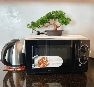 a black microwave with a plant on top of it at Charming condo unit Across US Embassy in Manila