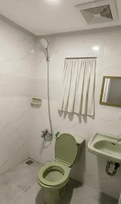 a bathroom with a green toilet and a sink at Thai Nee Homestay in Manila