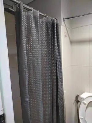 a shower curtain in a bathroom with a toilet at Peaceful Pasay Oasis - Entire Apartment for Rent in Manila