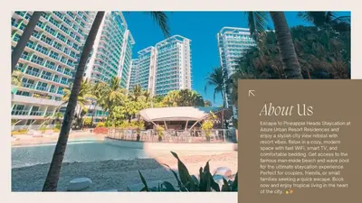 an advertisement for a resort with palm trees and buildings at Staycation at CJS in Manila