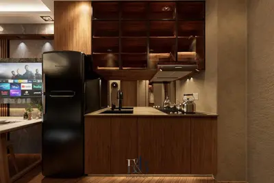 a kitchen with a black refrigerator and wooden cabinets at Premium Unit in Maldives in Manila