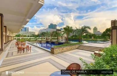 a rendering of a resort pool with tables and chairs at Torre de Manila Taft Avenue near Luneta Park US Embassy Intramuros Ermita Manila in Manila