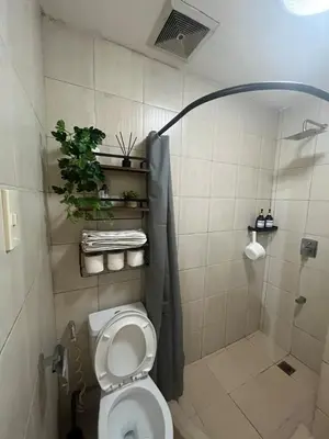 a bathroom with a toilet and a shower with a plant at JFS Staycation at Birch Tower - Cozy Home in Manila