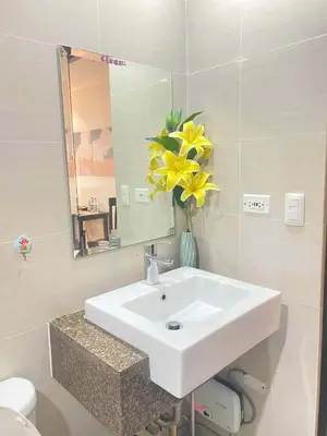 a bathroom with a sink and a mirror and a yellow flower at Cluster 5 9H in Manila