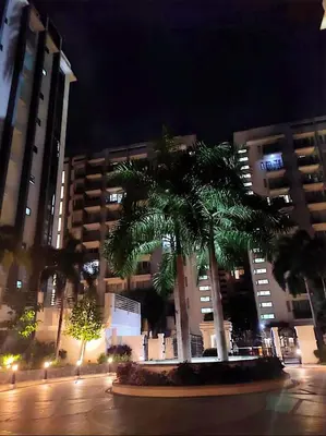 a palm tree in front of a building at night at Cozy Modern Studio Two Palm Tree Villas in Manila