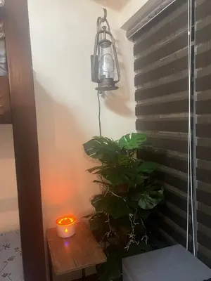 a candle sitting on a table next to a plant at McKinley viceroy Haven with free indoor parking in Manila
