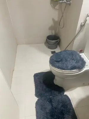 a bathroom with a toilet with a blue rug on the floor at Bahamas tower 1604 in Manila