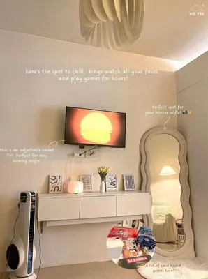 a room with a desk with a mirror and a tv at Vie Yśe - Pinterest-style Staycation Near MOA in Manila