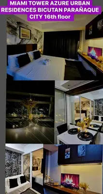 a collage of four pictures of a hotel room at Azure staycation miami tower in Manila