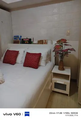 a bedroom with a white bed with red pillows and a plant at The Infinity Staycation in Manila