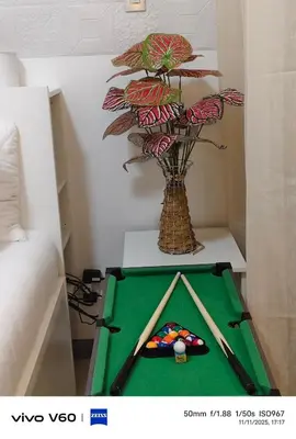 a table with three baseball bats and a plant at The Infinity Staycation in Manila