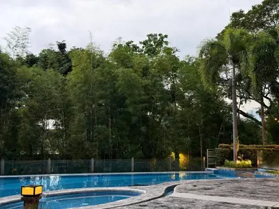 an empty swimming pool with trees in the background at Luxurious Taguig Apartment with Private Pool and Central AC in Manila