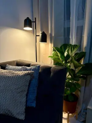 a living room with a couch and a potted plant at Stylish 1BR Condo in 101 Newport City Near NAIA in Manila