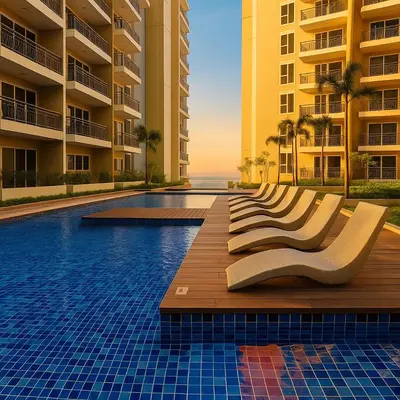 a pool with lounge chairs next to a building at Spacious & Luxury 4BR Home across Okada and Solaire in Manila