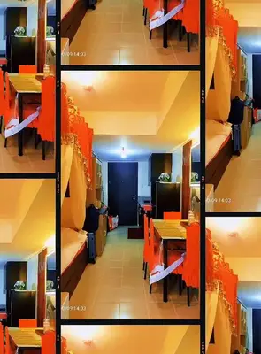 a series of four pictures of a dining room with orange chairs at JC Palace Residences in Manila