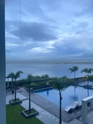 a swimming pool with palm trees and a large body of water at 2BR With Magnificent Bayview GARDEN View Near Okada, Solaire, Airports, Free Parking in Manila