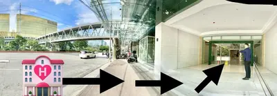 two pictures of a building with arrows pointing to the street at Cozy Family Suite with City View near City of Dreams Casino, Airport, Solaire, Okada, Ayala Malls and MOA in Manila