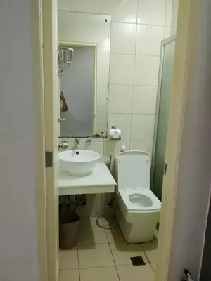 a bathroom with a sink and a toilet and a mirror at Birch tower Condominium in Manila