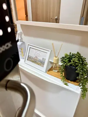 a shelf with a plant and a picture on it at 1 Bedroom Near Mall of Asia in Manila