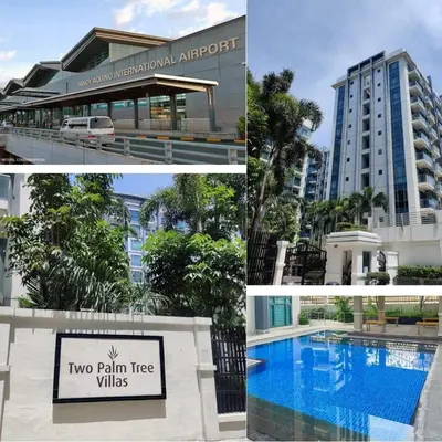 a collage of photos of two palm tree villas at CONDOTEL - Across NAIA T3 Airport with WIFI in Manila