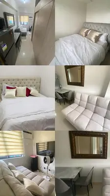a collage of four pictures of a hotel room at Leaf Residences in Muntinlupa